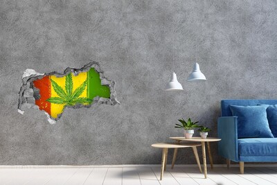 Wandsticker 3D doorkijk Groen cannabisblad op een geel-rood-groene achtergrond