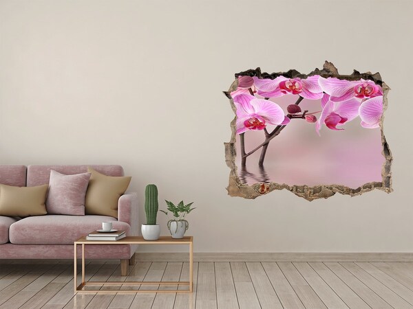 Wandsticker 3D gat met uitzicht Orchidee in een gebroken muur