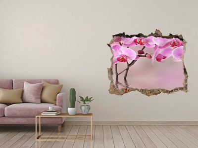 Wandsticker 3D gat met uitzicht Orchidee in een gebroken muur