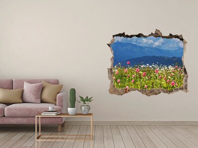 Wandsticker 3D gat met uitzicht Bloemrijk berglandschap