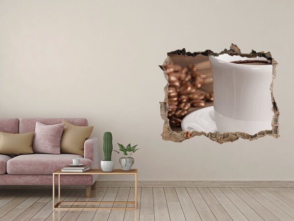 Wandsticker 3D doorkijk Koffie en bonen op de muur als achtergrond