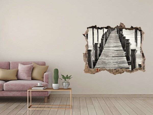 Wandsticker 3D gat met uitzicht Houten brug over het water