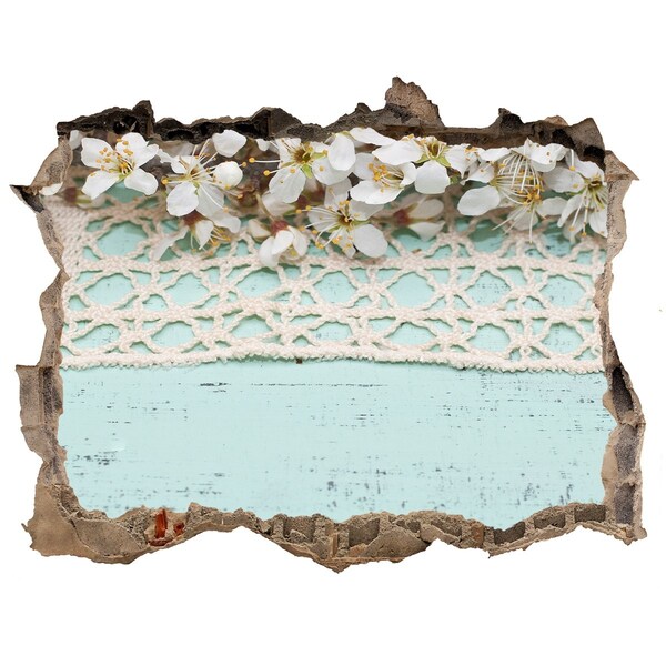 Zelfklevende muursticker 3D gat Bloemenmotief op een blauwe houten achtergrond