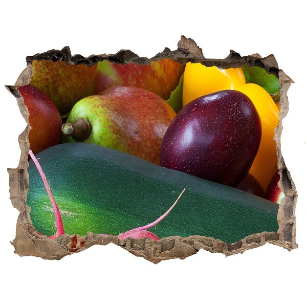 Wandsticker 3D doorkijk Fruit en groenten in een gat in de muur