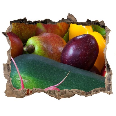 Wandsticker 3D doorkijk Fruit en groenten in een gat in de muur