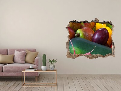 Wandsticker 3D doorkijk Fruit en groenten in een gat in de muur