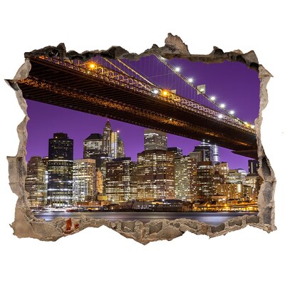 Wandsticker 3D gat met uitzicht Brooklyn Bridge 's nachts