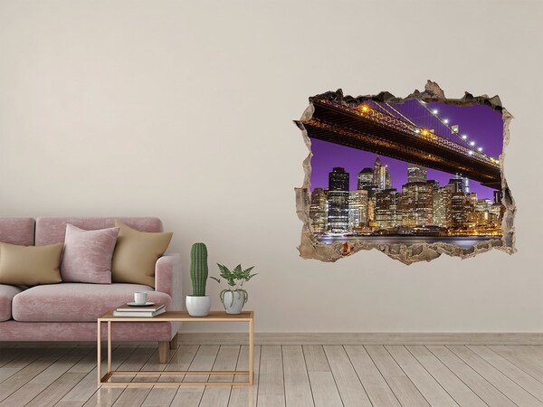 Wandsticker 3D gat met uitzicht Brooklyn Bridge 's nachts