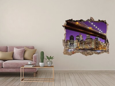 Wandsticker 3D gat met uitzicht Brooklyn Bridge 's nachts