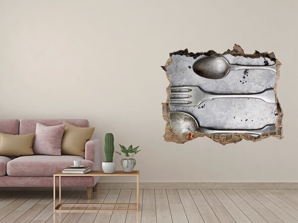 Zelfklevende 3D wandsticker illusie Een kapotte muur met uitzicht op het bestek.