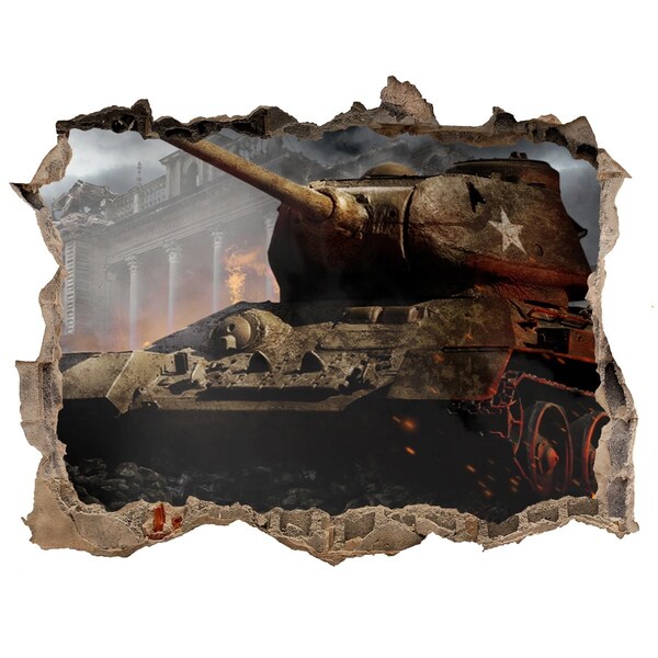 Wandsticker 3D gat met uitzicht Tank in de ruïnes van de stad