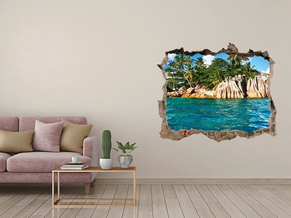 Wandsticker 3D gat met uitzicht Exotisch strand met palmbomen