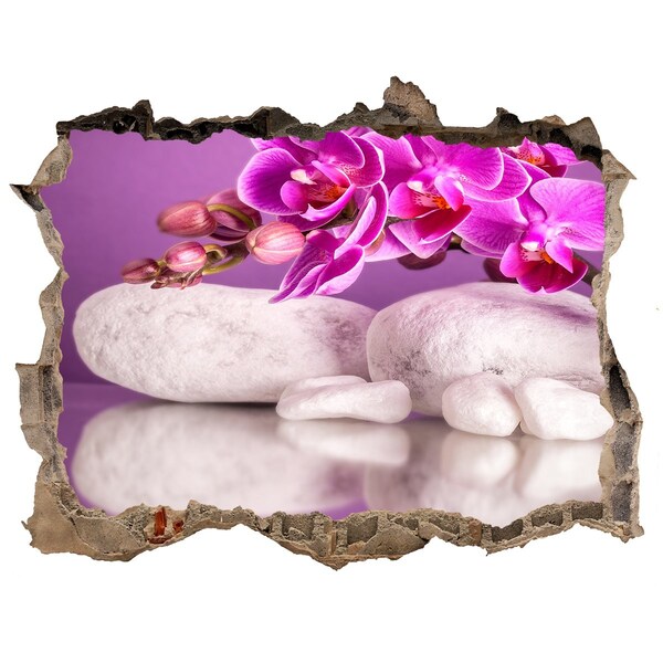 Zelfklevende 3D wandsticker illusie Orchidee op een achtergrond van stenen