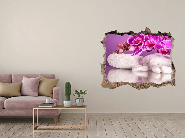 Zelfklevende 3D wandsticker illusie Orchidee op een achtergrond van stenen