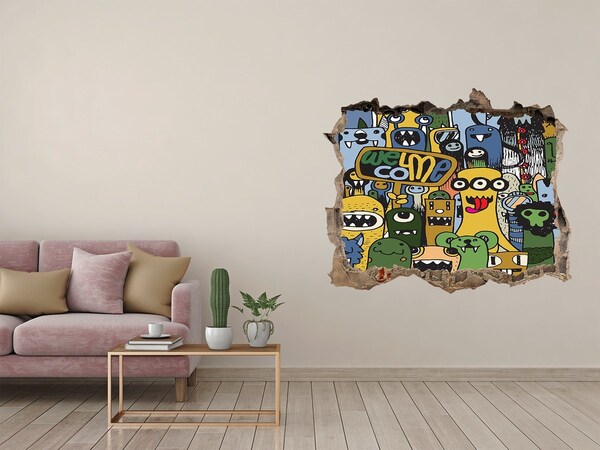 Zelfklevende 3D wandsticker illusie Kleurrijke monsters in een gat in de muur