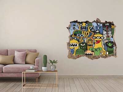 Zelfklevende 3D wandsticker illusie Kleurrijke monsters in een gat in de muur