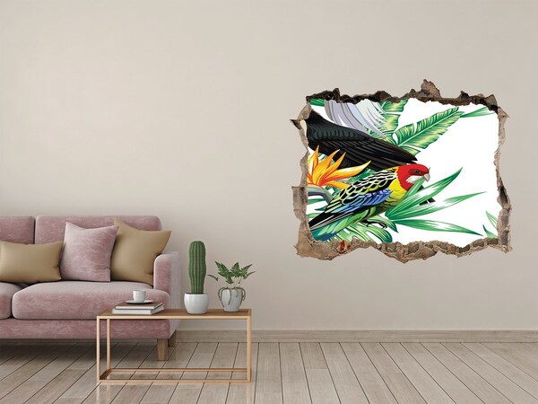 Zelfklevende muursticker 3D gat Exotische jungle met vogels