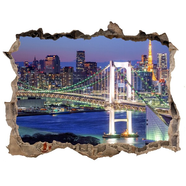 Wandsticker 3D gat met uitzicht De Tokyo-brug 's nachts