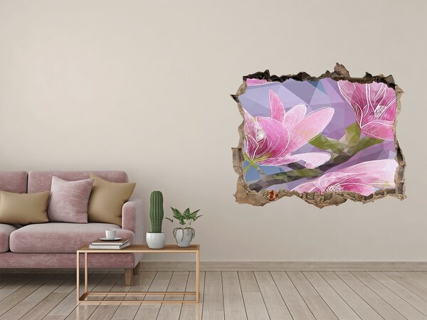 Wandsticker 3D gat met uitzicht Magnoliabloemen in een gat in de muur