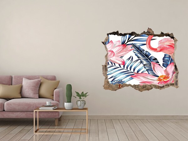 Wandsticker 3D gat met uitzicht Tropisch paradijs met flamingo's