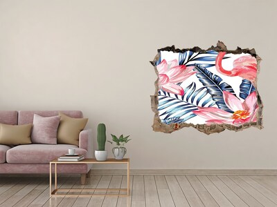 Wandsticker 3D gat met uitzicht Tropisch paradijs met flamingo's