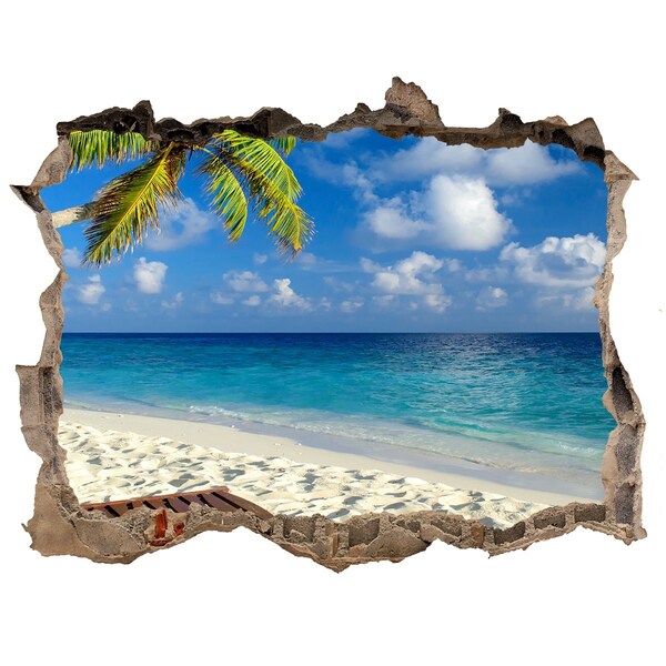Wandsticker 3D doorkijk Tropisch strand met een palmboom