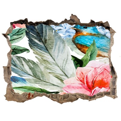 Wandsticker 3D gat met uitzicht Tropisch paradijs met een vogel