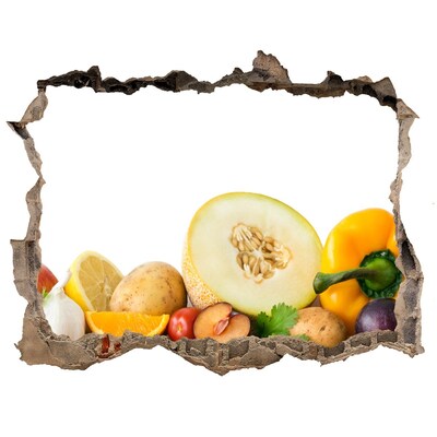 Zelfklevende 3D wandsticker illusie Fruit en groenten in een gat in de muur