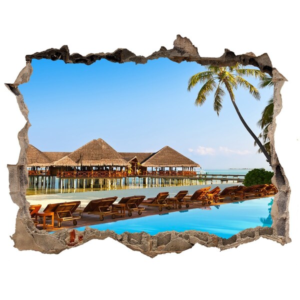 Wandsticker 3D gat met uitzicht Tropisch paradijs bij het zwembad