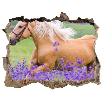 Zelfklevende 3D wandsticker illusie Een paard in een lavendelveld