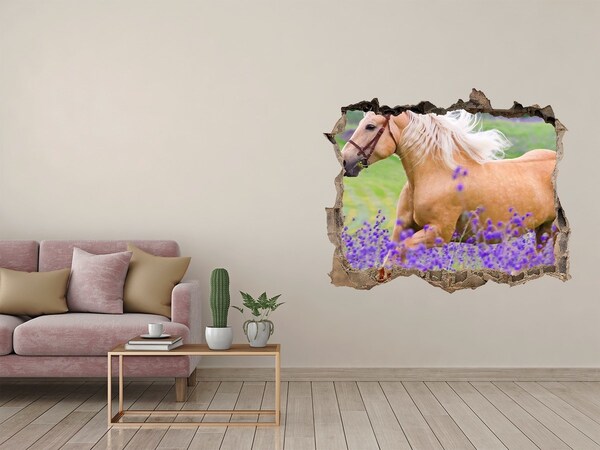 Zelfklevende 3D wandsticker illusie Een paard in een lavendelveld