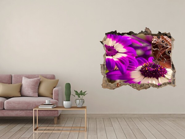 Wandsticker 3D gat met uitzicht Vlinder op bloemen in een gat in de muur