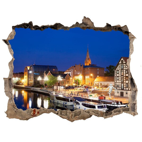 Zelfklevende muursticker 3D gat Nachtzicht op de stad vanaf de rivier.