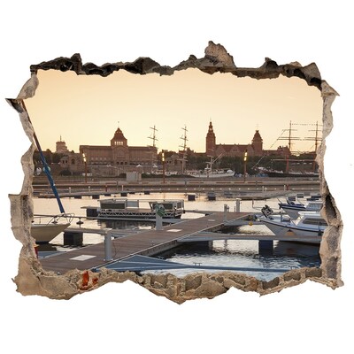 Wandsticker 3D gat met uitzicht De haven in de ondergaande zon