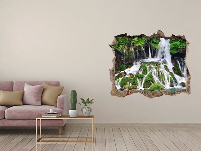 Wandsticker 3D gat met uitzicht Een waterval in een groene omgeving