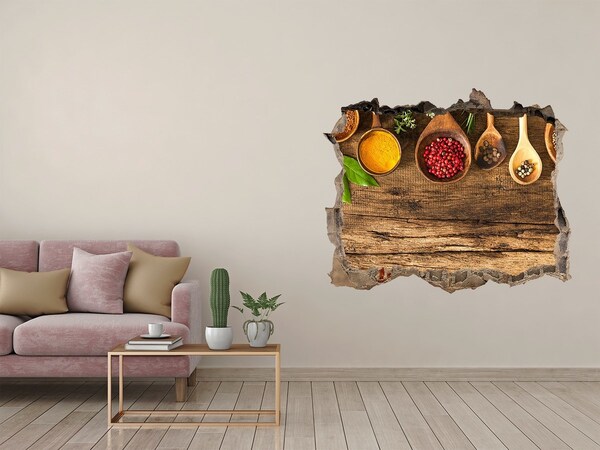 Wandsticker 3D doorkijk Keukenkruiden op een houten aanrecht.