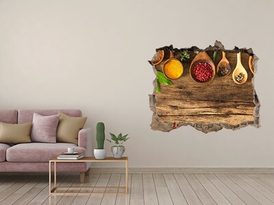 Wandsticker 3D doorkijk Keukenkruiden op een houten aanrecht.