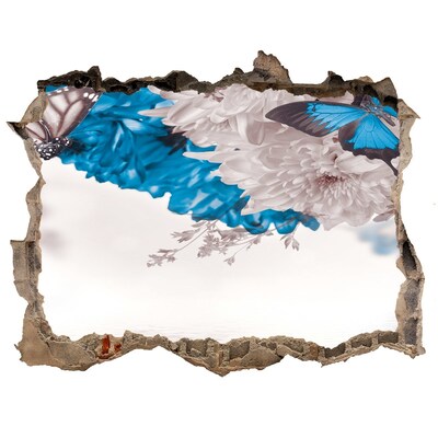 Wandsticker 3D gat met uitzicht Bloemenlandschap met vlinders