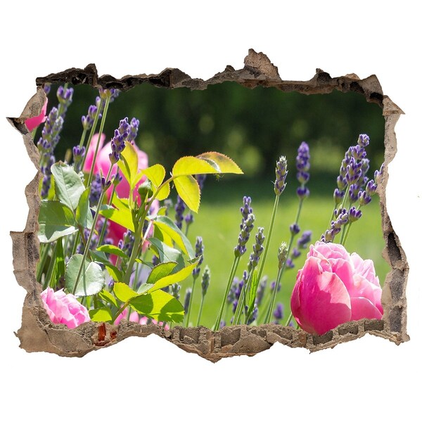 Wandsticker 3D gat met uitzicht Een bloemenparadijs achter de muur.