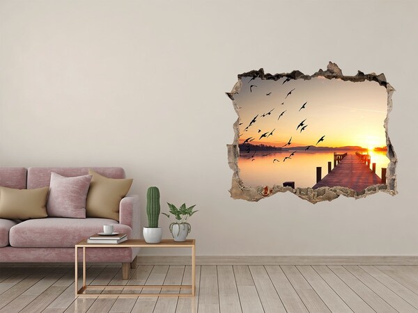 Zelfklevende 3D wandsticker illusie Zonsondergang boven het meer