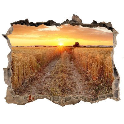 Wandsticker 3D doorkijk Gouden zonsondergang boven een graanveld