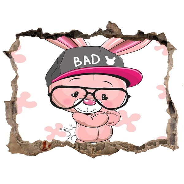 Wandsticker 3D gat met uitzicht Konijntje met een hoed