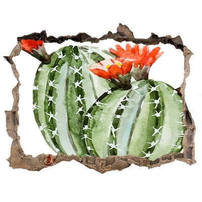 Zelfklevende muursticker 3D gat Een cactus met een bloem in een gat in de muur.
