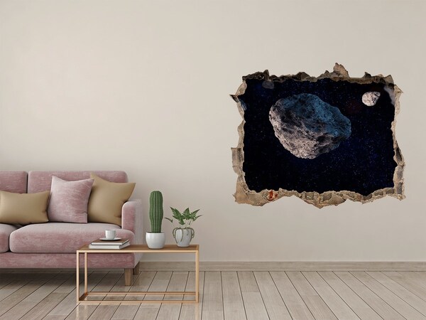 Wandsticker 3D gat met uitzicht Kosmische ruimte achter de muur