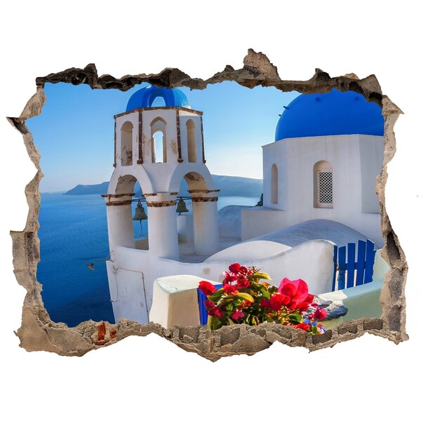 Wandsticker 3D gat met uitzicht Santorini in volle glorie