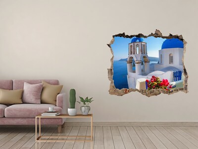 Wandsticker 3D gat met uitzicht Santorini in volle glorie