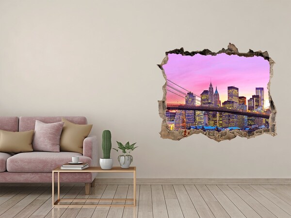 Wandsticker 3D gat met uitzicht De skyline van New York bij zonsondergang