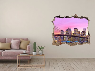 Wandsticker 3D gat met uitzicht De skyline van New York bij zonsondergang