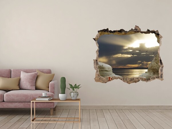 Wandsticker 3D gat met uitzicht Zonsondergang boven de zee