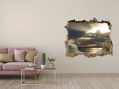 Wandsticker 3D gat met uitzicht Zonsondergang boven de zee